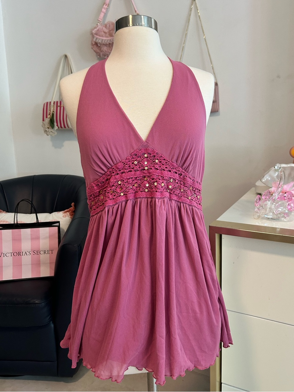 Y2K Vintage Plum Halter Babydoll Top with Sequin Waistband